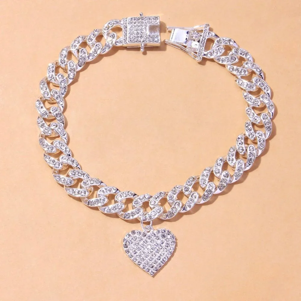 Chunky Miami Heart Shaped Cuban Link Foot Chain Anklet Bracelet Rhinestone - Picture 5 of 6